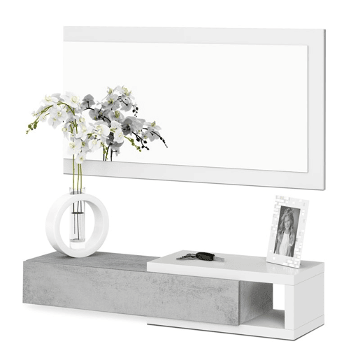 Armário de corredor com espelho Noon Branco Artik (Branco mate) - Cinzento Cimento 95(mesitayespejo) x 19(mesita)50(espejo) x 26cm (mesita) cm Armário de corredor com espelho Noon Branco Artik (Branco mate) - Cinzento Cimento 95(mesitayespejo) x 19(mesita)50(espejo) x 26cm (mesita) cm