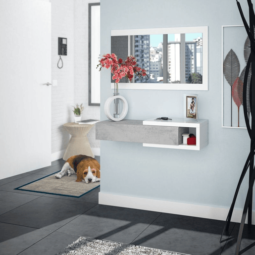 Armário de corredor com espelho Noon Branco Artik (Branco mate) - Cinzento Cimento 95(mesitayespejo) x 19(mesita)50(espejo) x 26cm (mesita) cm Armário de corredor com espelho Noon Branco Artik (Branco mate) - Cinzento Cimento 95(mesitayespejo) x 19(mesita)50(espejo) x 26cm (mesita) cm