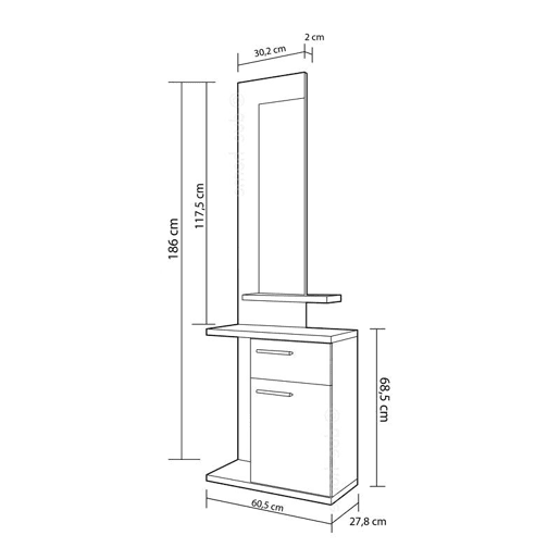 Entrar no mobiliário de corredor Branco - Nelson 60,5(móduloinferior)30,2(espejo) x 186(mueblecompleto)68,5(móduloinferior)117,5(espejo) x 27,8cm
