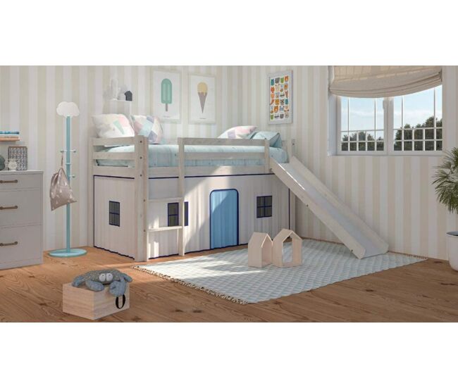 Cama Alta Para Niños Con Tobogan y Escalera De Madera de Pino - Venprodin - Color Blanco Decapé