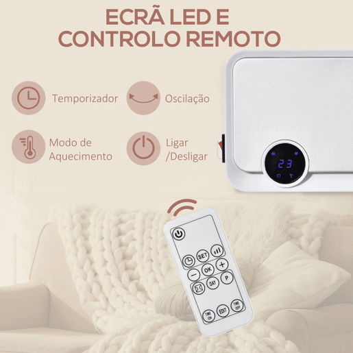 HOMCOM Aquecedor Elétrico de Parede de Baixo Consumo 1000W2000W PTC com Controlo Remoto, Ecrã LED, Temporizador de 12H, Termóstato e Proteção contra Sobreaquecimento 56x11,7x18,5 cm Branco HOMCOM Aquecedor Elétrico de Parede de Baixo Consumo 1000W2000W PTC com Controlo Remoto, Ecrã LED, Temporizador de 12H, Termóstato e Proteção contra Sobreaquecimento 56x11,7x18,5 cm Branco