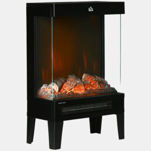 HOMCOM Lareira Elétrica 1000W2000W Lareira Elétrica com Chama LED Realista Ajustável Termostato e Proteção Contra Superaquecimento para Área de até 15-20 m² 40,5x20x62cm Preto