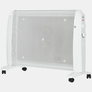 HOMCOM Aquecedor Elétrico 1000W2000W Aquecedor de Mica com 2 Níveis de Potência Termostato Regulável e 4 Rodas para Ambientes de 15-20 m² Silencioso 79x27x54 cm Branco