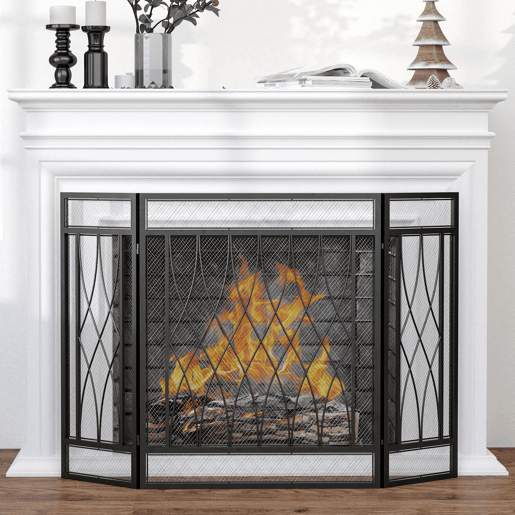 HOMCOM Frente de Lareira Dobrável Frente para Lareira com 3 Painéis com Dobradiças e Estrutura de Metal Decorativa 126x3x80cm Preto HOMCOM Frente de Lareira Dobrável Frente para Lareira com 3 Painéis com Dobradiças e Estrutura de Metal Decorativa 126x3x80cm Preto
