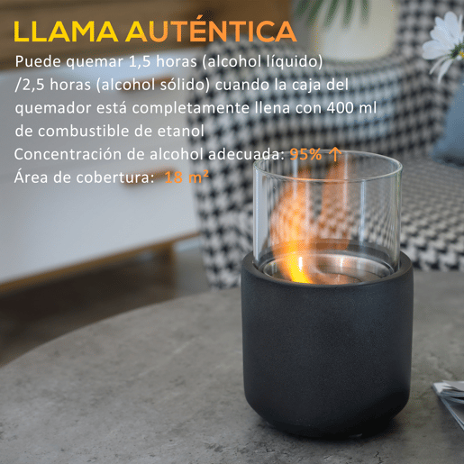 HOMCOM Lareira de Bioetanol de Mesa Capacidade 0,4L Combustão 2,5h Lareira de Bioetanol para Interior e Exterior 12x12x19cm Cinza Escuro
