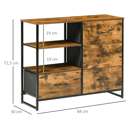 HOMCOM Cómoda com 4 Gavetas de Tecido Dobrável e 2 Prateleiras Abertas Armário de Armazenamento para Escritório Dormitório Estilo Industrial Anti-Tombo 84x30x71,4cm Marrom Rústico