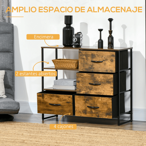 HOMCOM Cómoda com 4 Gavetas de Tecido Dobrável e 2 Prateleiras Abertas Armário de Armazenamento para Escritório Dormitório Estilo Industrial Anti-Tombo 84x30x71,4cm Marrom Rústico
