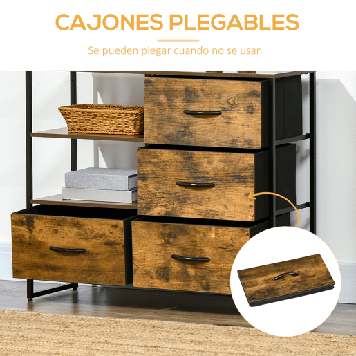 HOMCOM Cómoda com 4 Gavetas de Tecido Dobrável e 2 Prateleiras Abertas Armário de Armazenamento para Escritório Dormitório Estilo Industrial Anti-Tombo 84x30x71,4cm Marrom Rústico