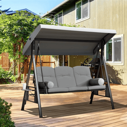 Outsunny Banco Baloiço de Jardim de 3 Lugares com Teto 2 Almofadas Suporte para Bebidas e Estrutura de Metal para Terraço Balcão Exterior Carga Máxima 360kg 206x116x183cm Cinza