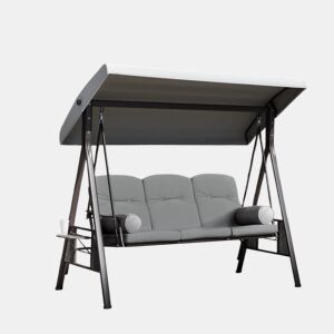 Outsunny Banco Baloiço de Jardim de 3 Lugares com Teto 2 Almofadas Suporte para Bebidas e Estrutura de Metal para Terraço Balcão Exterior Carga Máxima 360kg 206x116x183cm Cinza