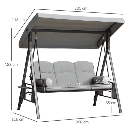 Outsunny Banco Baloiço de Jardim de 3 Lugares com Teto 2 Almofadas Suporte para Bebidas e Estrutura de Metal para Terraço Balcão Exterior Carga Máxima 360kg 206x116x183cm Cinza