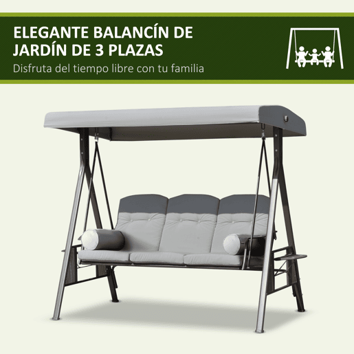 Outsunny Banco Baloiço de Jardim de 3 Lugares com Teto 2 Almofadas Suporte para Bebidas e Estrutura de Metal para Terraço Balcão Exterior Carga Máxima 360kg 206x116x183cm Cinza