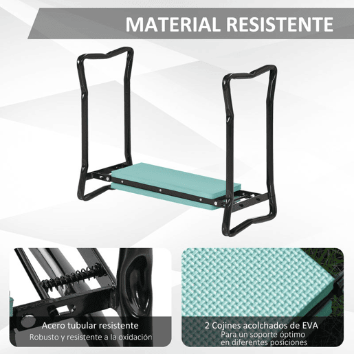 Outsunny Banco de Jardim Dobrável e Portátil Banco de Jardim com Joelheira para Jardinagem com Almofadas de Espuma EVA para Proteger seus Joelhos e Roupas 58x28x49cm Verde e Preto