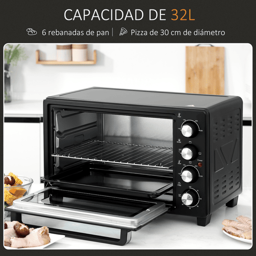 HOMCOM Forno Elétrico de Bancada Mini Forno Tostador de 32L 1600W com 3 Modos de Aquecimento, Temporizador de 60 Min e Temperatura Regulável até 230°C Preto HOMCOM Forno Elétrico de Bancada Mini Forno Tostador de 32L 1600W com 3 Modos de Aquecimento, Temporizador de 60 Min e Temperatura Regulável até 230°C Preto