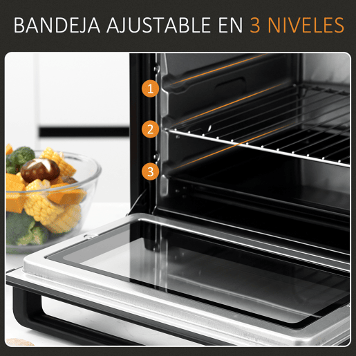 HOMCOM Forno Elétrico de Bancada Mini Forno Tostador de 32L 1600W com 3 Modos de Aquecimento, Temporizador de 60 Min e Temperatura Regulável até 230°C Preto HOMCOM Forno Elétrico de Bancada Mini Forno Tostador de 32L 1600W com 3 Modos de Aquecimento, Temporizador de 60 Min e Temperatura Regulável até 230°C Preto