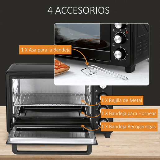 HOMCOM Forno Elétrico de Bancada Mini Forno Tostador de 32L 1600W com 3 Modos de Aquecimento, Temporizador de 60 Min e Temperatura Regulável até 230°C Preto HOMCOM Forno Elétrico de Bancada Mini Forno Tostador de 32L 1600W com 3 Modos de Aquecimento, Temporizador de 60 Min e Temperatura Regulável até 230°C Preto