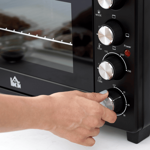 HOMCOM Forno Elétrico de Bancada Mini Forno Tostador de 32L 1600W com 3 Modos de Aquecimento, Temporizador de 60 Min e Temperatura Regulável até 230°C Preto HOMCOM Forno Elétrico de Bancada Mini Forno Tostador de 32L 1600W com 3 Modos de Aquecimento, Temporizador de 60 Min e Temperatura Regulável até 230°C Preto