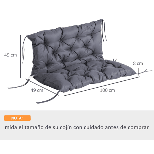 Outsunny Almofada para Banco de Jardim com Encosto, 100x98x8 cm, Almofada de Banco de 2 Lugares para Interior e Exterior com Enchimento Espesso e Tiras de Fixação, para Baloiço, Terraço, Varanda Cinzento Escuro