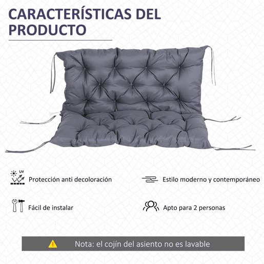Outsunny Almofada para Banco de Jardim com Encosto, 100x98x8 cm, Almofada de Banco de 2 Lugares para Interior e Exterior com Enchimento Espesso e Tiras de Fixação, para Baloiço, Terraço, Varanda Cinzento Escuro