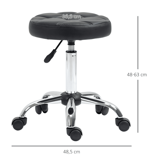 HOMCOM Banco Giratório com Rodas Altura Ajustável entre 48-63cm Banco de Trabalho Estofado em Couro PU para Salão Dentista Diâmetro Ø35,5cm Preto