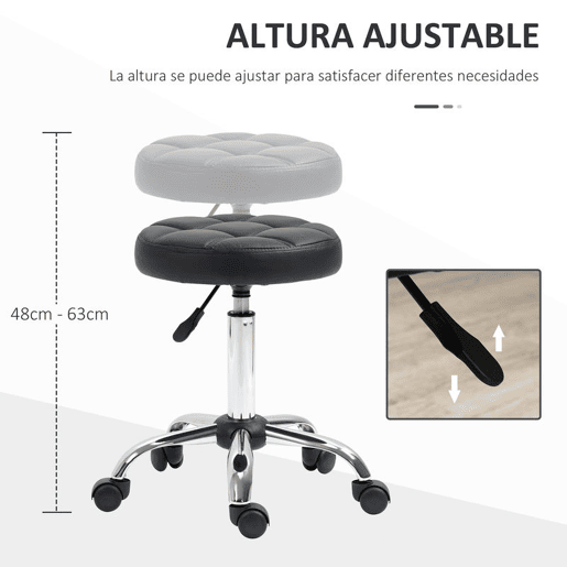 HOMCOM Banco Giratório com Rodas Altura Ajustável entre 48-63cm Banco de Trabalho Estofado em Couro PU para Salão Dentista Diâmetro Ø35,5cm Preto