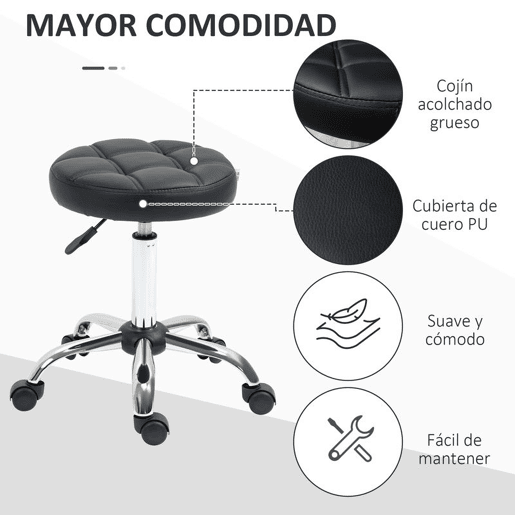 HOMCOM Banco Giratório com Rodas Altura Ajustável entre 48-63cm Banco de Trabalho Estofado em Couro PU para Salão Dentista Diâmetro Ø35,5cm Preto