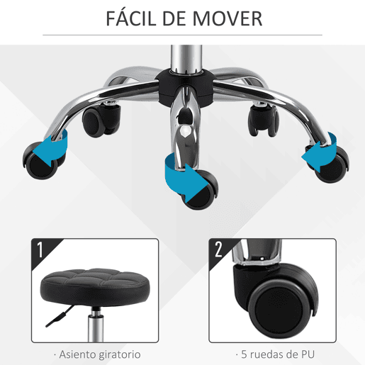 HOMCOM Banco Giratório com Rodas Altura Ajustável entre 48-63cm Banco de Trabalho Estofado em Couro PU para Salão Dentista Diâmetro Ø35,5cm Preto