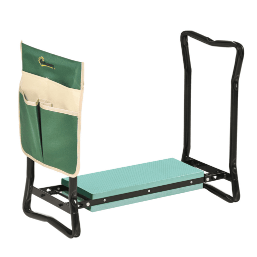 Outsunny Banco de Jardim Dobrável com Bolsa para Ferramentas Almofada de Proteção para Joelhos Assento de Jardim com Joelheira Altura Ajustável 58x28x49cm Verde e Preto