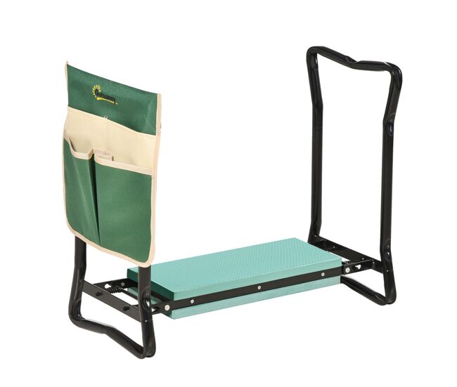 Outsunny taburete de jardín plegable con bolsa para herramientas protección cojín rodillas asiento de jardín con almohadilla altura ajustable soporta un máximo 150kg color verde negro
