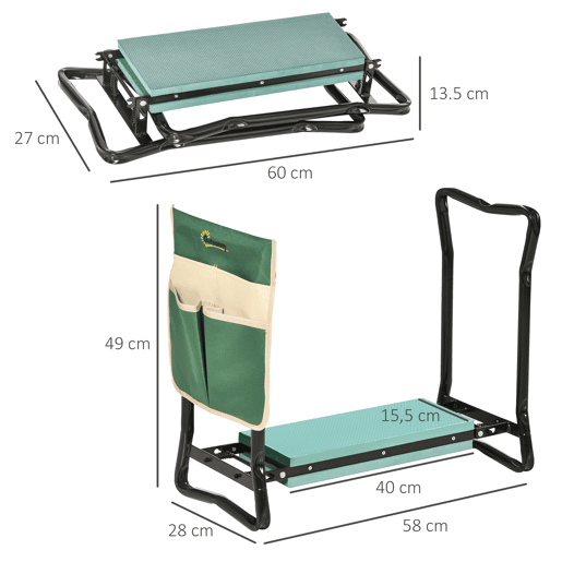 Outsunny Banco de Jardim Dobrável com Bolsa para Ferramentas Almofada de Proteção para Joelhos Assento de Jardim com Joelheira Altura Ajustável 58x28x49cm Verde e Preto