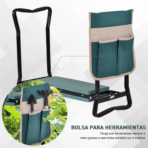 Outsunny Banco de Jardim Dobrável com Bolsa para Ferramentas Almofada de Proteção para Joelhos Assento de Jardim com Joelheira Altura Ajustável 58x28x49cm Verde e Preto