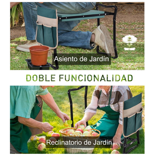 Outsunny Banco de Jardim Dobrável com Bolsa para Ferramentas Almofada de Proteção para Joelhos Assento de Jardim com Joelheira Altura Ajustável 58x28x49cm Verde e Preto