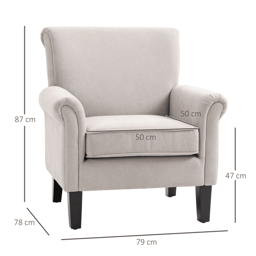 HOMCOM Poltrona Estofada em Tecido Poltrona Relax com Apoio para os Braços Assento Amovível e Lavável Pés de Madeira para Dormitório Estilo Moderno Carga 150kg 79x78x87cm Cinza