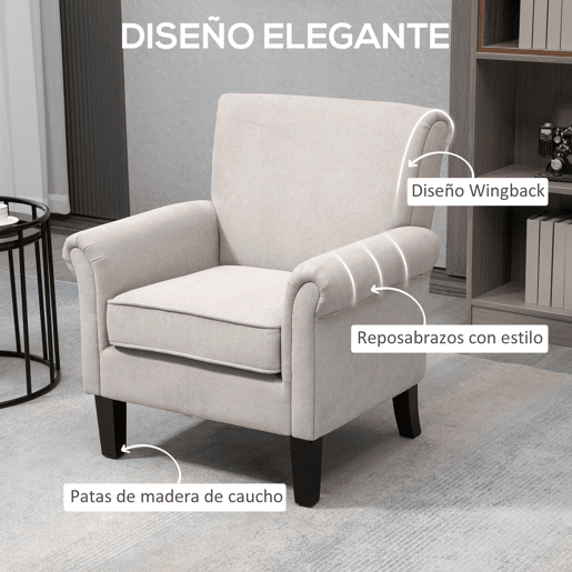 HOMCOM Poltrona Estofada em Tecido Poltrona Relax com Apoio para os Braços Assento Amovível e Lavável Pés de Madeira para Dormitório Estilo Moderno Carga 150kg 79x78x87cm Cinza