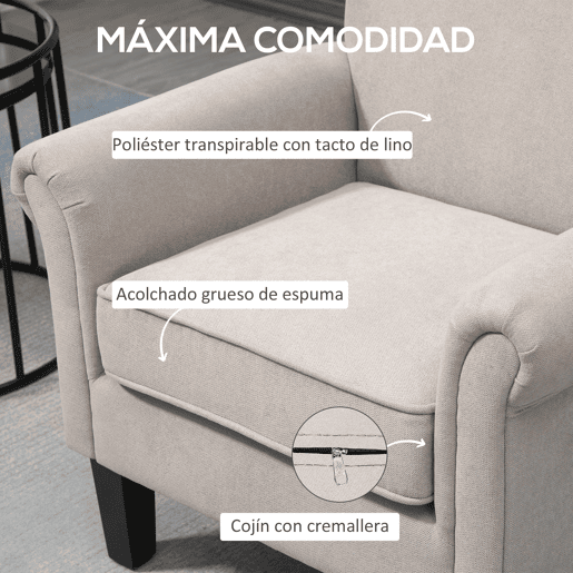 HOMCOM Poltrona Estofada em Tecido Poltrona Relax com Apoio para os Braços Assento Amovível e Lavável Pés de Madeira para Dormitório Estilo Moderno Carga 150kg 79x78x87cm Cinza