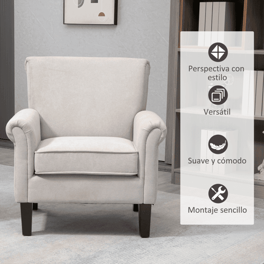 HOMCOM Poltrona Estofada em Tecido Poltrona Relax com Apoio para os Braços Assento Amovível e Lavável Pés de Madeira para Dormitório Estilo Moderno Carga 150kg 79x78x87cm Cinza