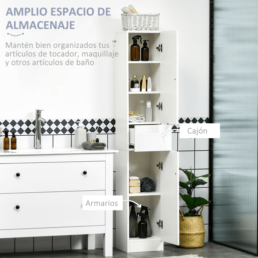 kleankin Coluna Casa de Banho com 1 Gaveta e 5 Prateleiras Coluna Casa de Banho de Estilo Moderno para Cozinha Sala de Estar 30x28x170cm Branco