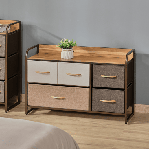 HOMCOM Cómoda Estreita com 5 Gavetas de Tecido Dobráveis, Cómoda para Quarto com Estrutura Metálica, Ideal para Espaços Pequenos, Sala de Estar, Closet, Casa de Banho, Multicolorida