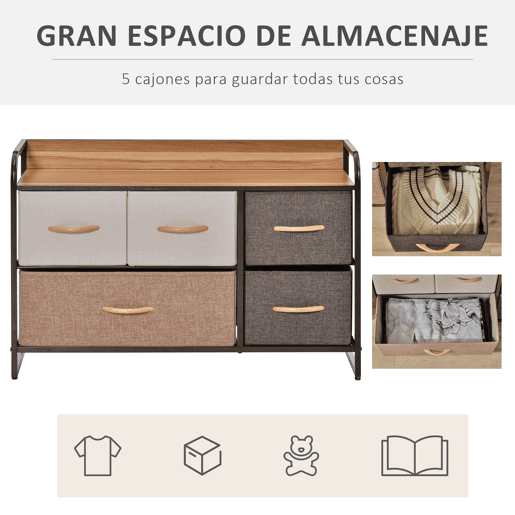 HOMCOM Cómoda Estreita com 5 Gavetas de Tecido Dobráveis, Cómoda para Quarto com Estrutura Metálica, Ideal para Espaços Pequenos, Sala de Estar, Closet, Casa de Banho, Multicolorida