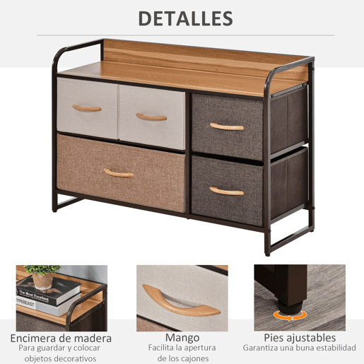 HOMCOM Cómoda Estreita com 5 Gavetas de Tecido Dobráveis, Cómoda para Quarto com Estrutura Metálica, Ideal para Espaços Pequenos, Sala de Estar, Closet, Casa de Banho, Multicolorida