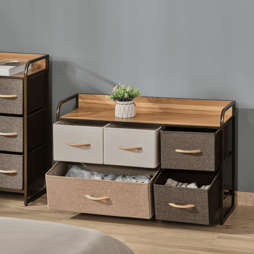 HOMCOM Cómoda Estreita com 5 Gavetas de Tecido Dobráveis, Cómoda para Quarto com Estrutura Metálica, Ideal para Espaços Pequenos, Sala de Estar, Closet, Casa de Banho, Multicolorida