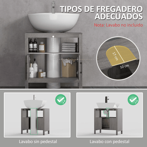 kleankin Móvel para Lavatório Pousar Móvel Casa de Banho de Madeira com 2 Portas e Prateleira Aberta Estilo Moderno 60x30x60cm Cinza