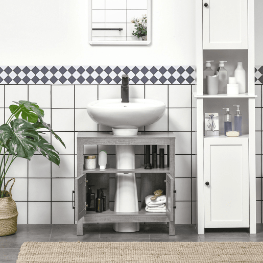 kleankin Móvel para Lavatório Pousar Móvel Casa de Banho de Madeira com 2 Portas e Prateleira Aberta Estilo Moderno 60x30x60cm Cinza