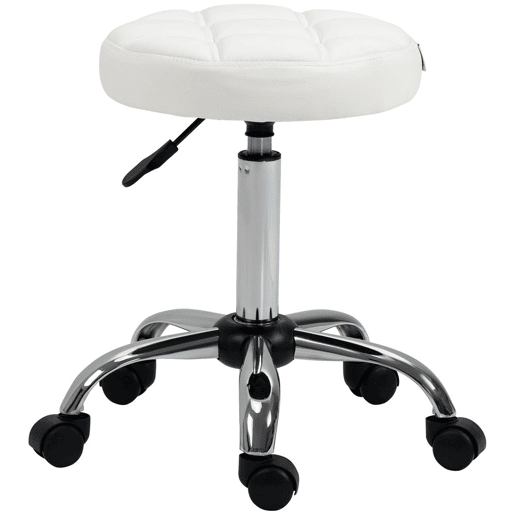 HOMCOM Banco Giratório com Rodas Altura Ajustável entre 48-63cm Banco de Trabalho Estofado em Couro PU para Salão Dentista Diâmetro Ø35,5cm Branco