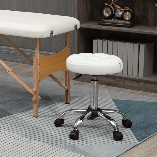 HOMCOM Banco Giratório com Rodas Altura Ajustável entre 48-63cm Banco de Trabalho Estofado em Couro PU para Salão Dentista Diâmetro Ø35,5cm Branco