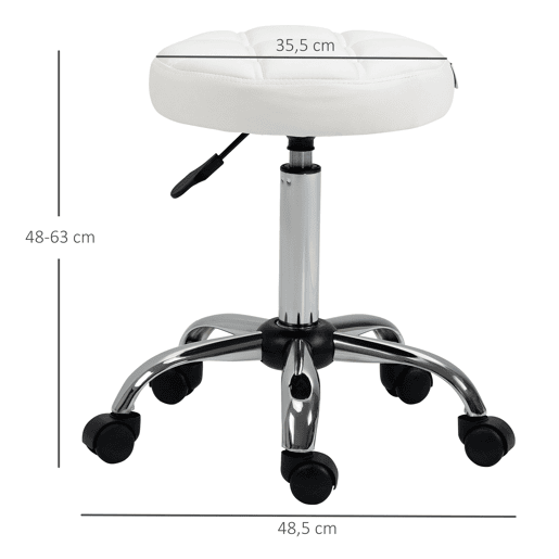 HOMCOM Banco Giratório com Rodas Altura Ajustável entre 48-63cm Banco de Trabalho Estofado em Couro PU para Salão Dentista Diâmetro Ø35,5cm Branco