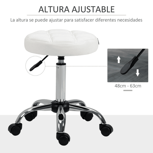 HOMCOM Banco Giratório com Rodas Altura Ajustável entre 48-63cm Banco de Trabalho Estofado em Couro PU para Salão Dentista Diâmetro Ø35,5cm Branco