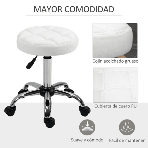 HOMCOM Banco Giratório com Rodas Altura Ajustável entre 48-63cm Banco de Trabalho Estofado em Couro PU para Salão Dentista Diâmetro Ø35,5cm Branco