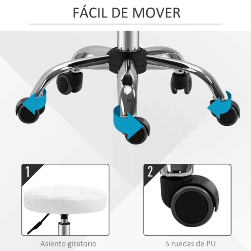 HOMCOM Banco Giratório com Rodas Altura Ajustável entre 48-63cm Banco de Trabalho Estofado em Couro PU para Salão Dentista Diâmetro Ø35,5cm Branco