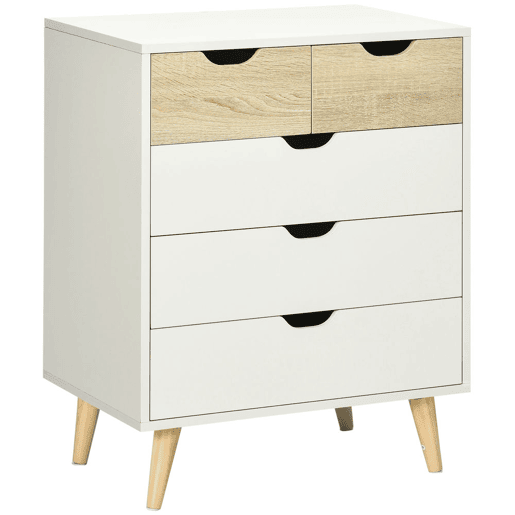 HOMCOM Cómoda com 5 Gavetas e Pés Elevados Cómoda para Dormitório Sala de Estar Estilo Moderno Anti-Tombo 60x40x77,5cm Madeira e Branco